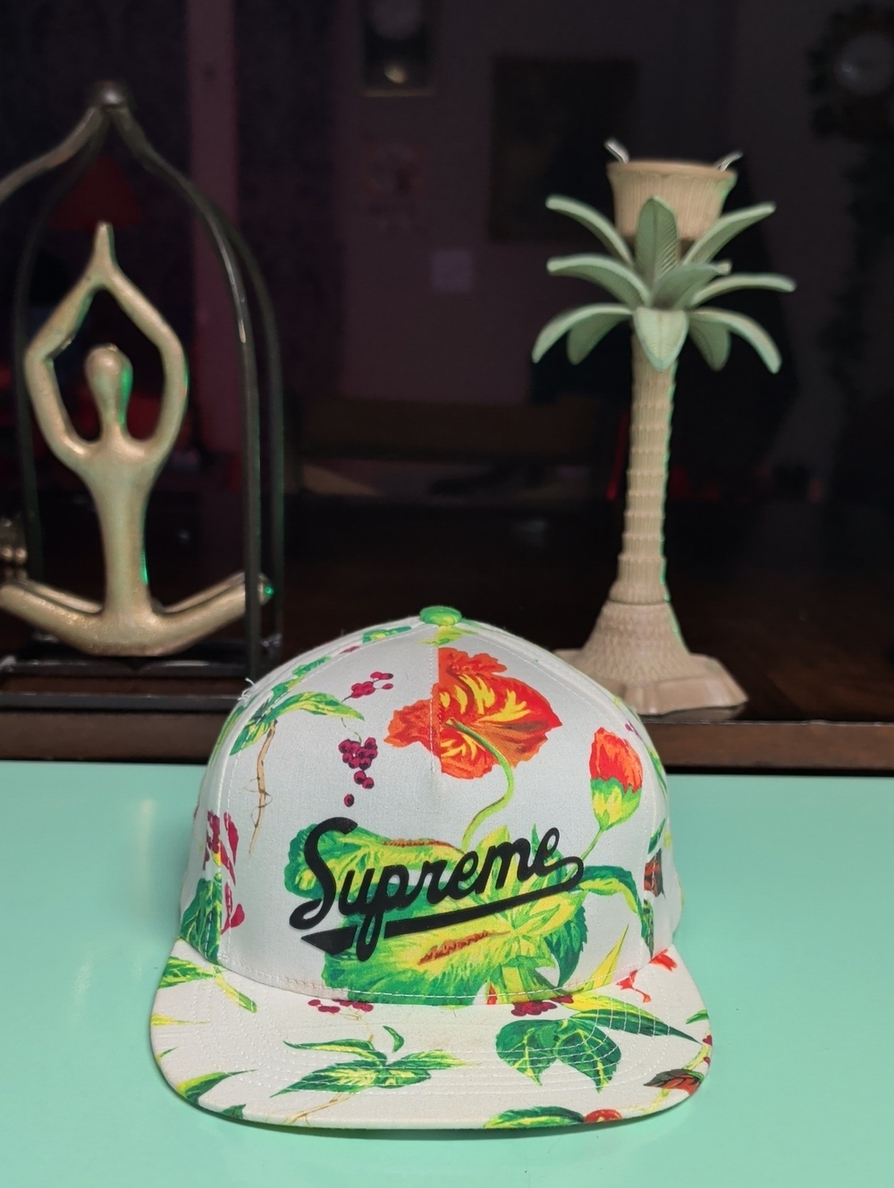 Supreme Floral Script Cap in White with Green & Red Accents